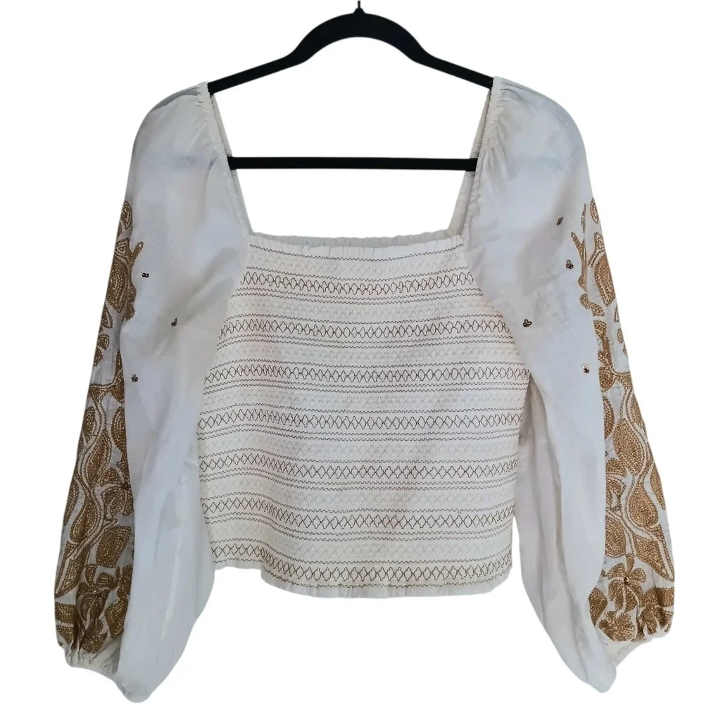 Anthropologie Smocked Top Women Size S White Gold Embroidered Puff Sleeve